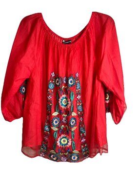 KAS NEW YORK Women's Size M Red Embroidered Floral Bohemian Style Top Blouse